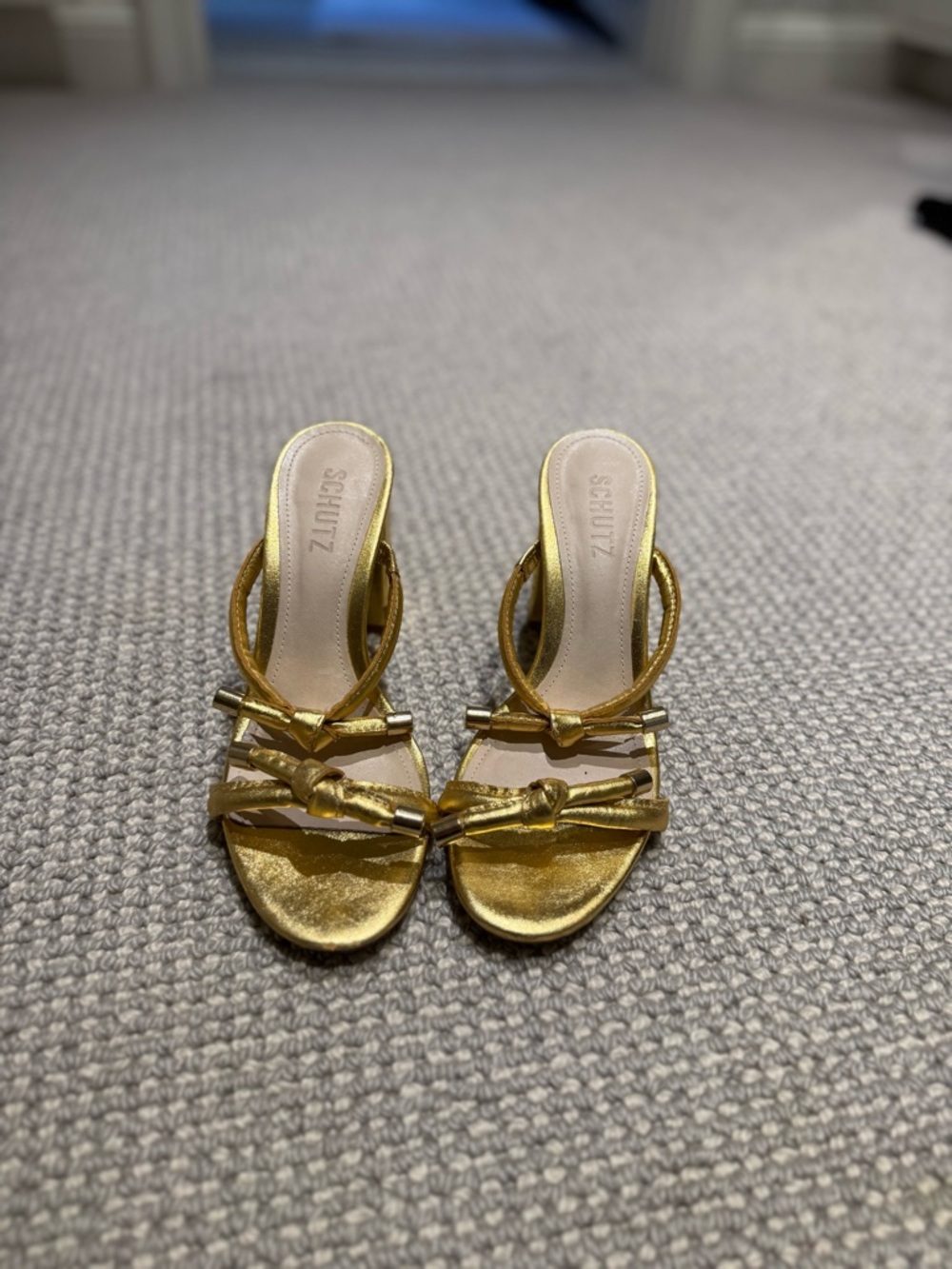 SCHUTZ Metallic Gold Knotted Strap Slide Sandals